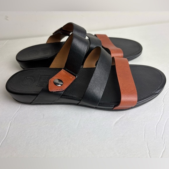 Fitflop Black Tan Leather Gladdie Slide Sandals 11 - Picture 1 of 7